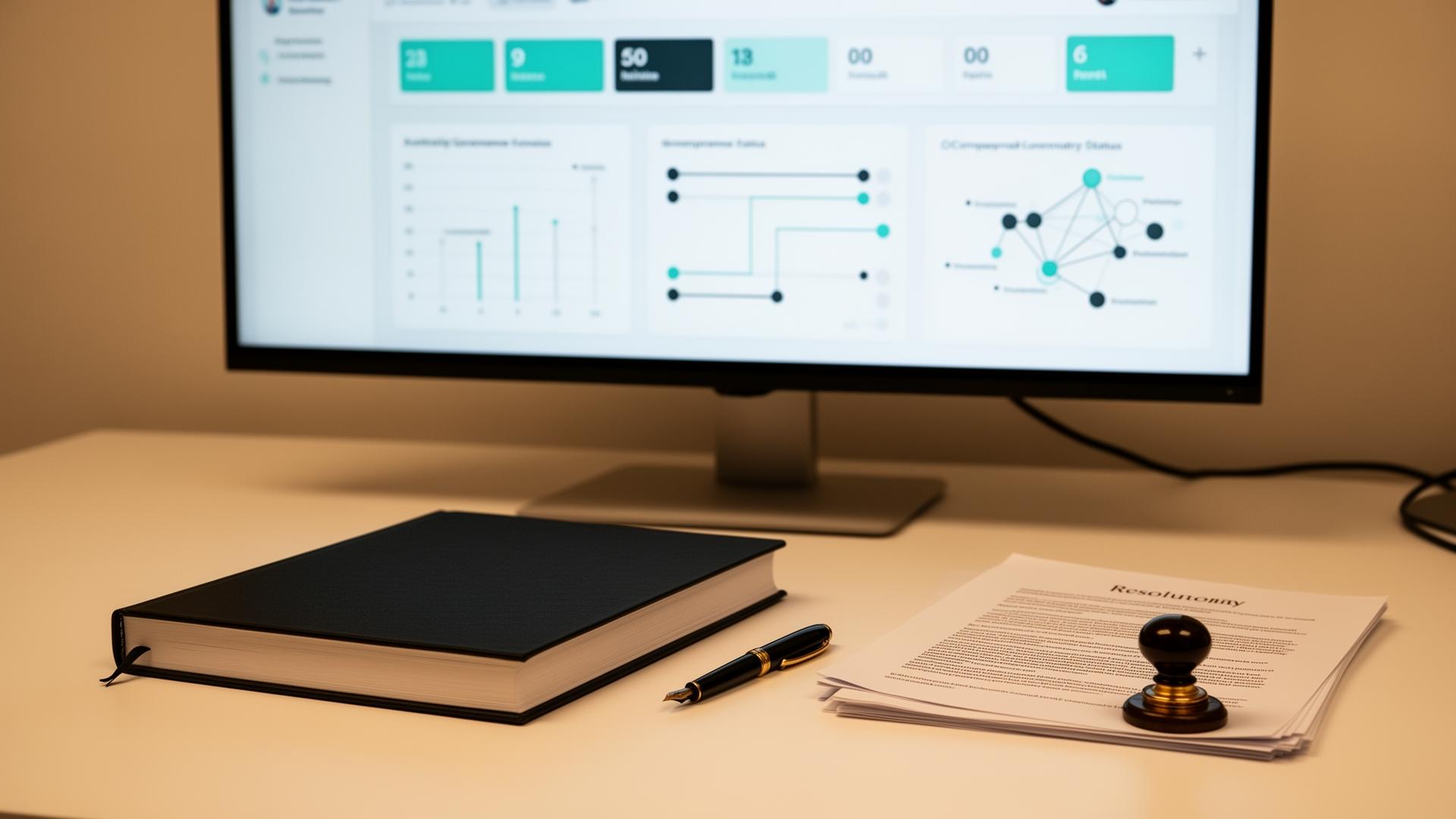 Company secretary software dashboard beside a minute book and governance papers