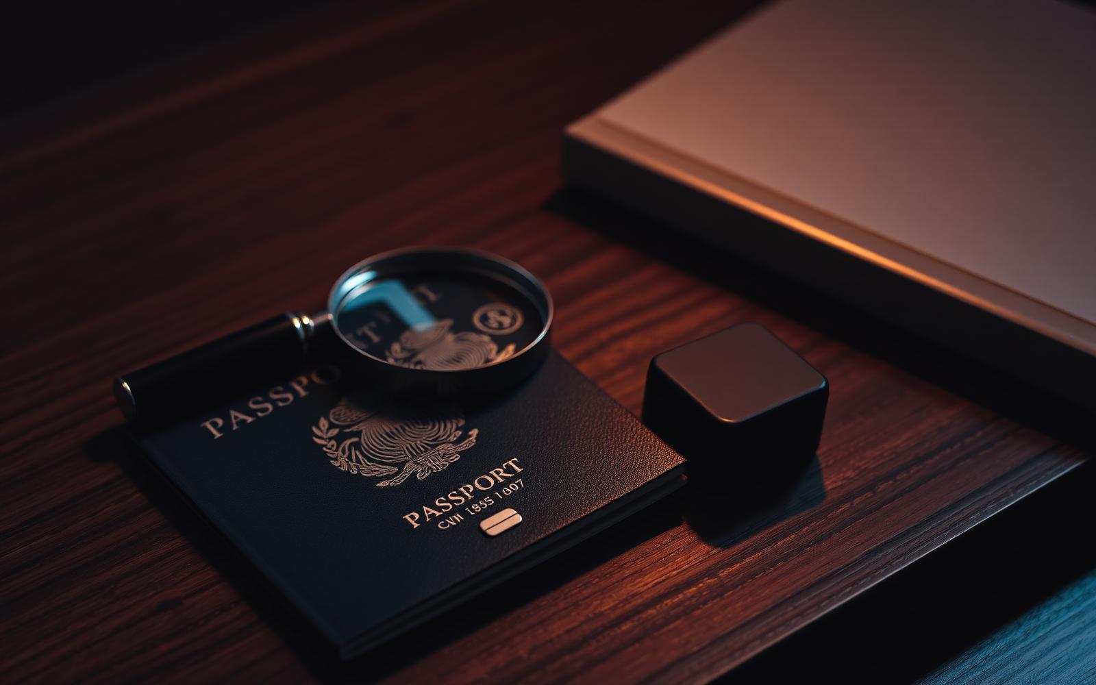 Passport, magnifying glass and biometric scanner on dark walnut under warm light.