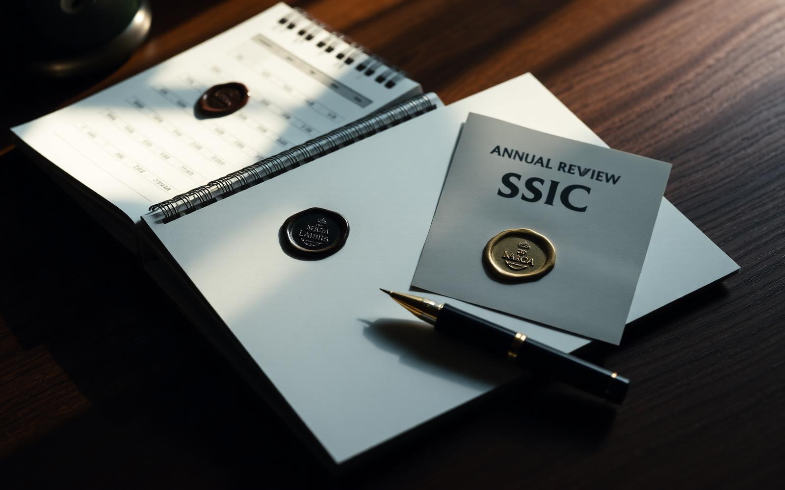 Calendar opened to an Annual Review page with a wax seal and ASIC cover sheet on dark walnut.