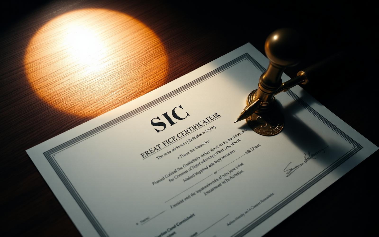 Embossed ASIC-style certificate with a brass rotary stamp and signature on dark walnut.