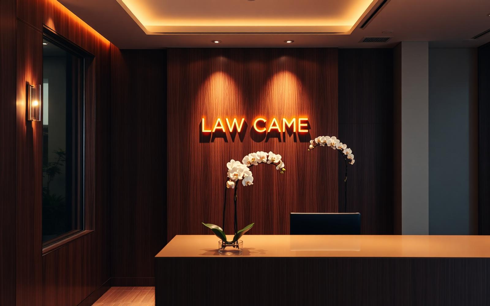 Modern boutique law firm reception at dusk with brass signage and white orchids on warm walnut.