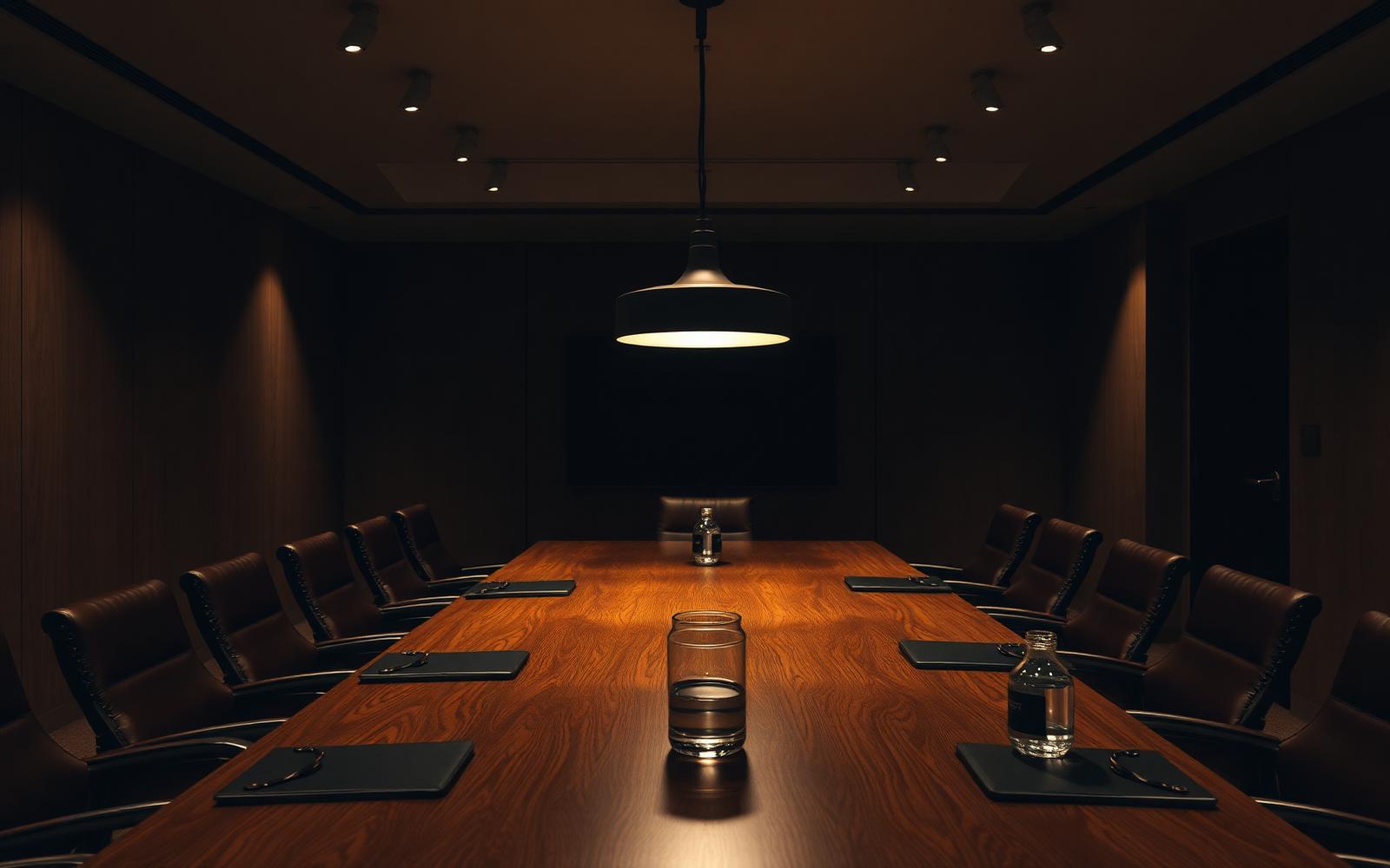 Empty modern executive boardroom at dusk with leather portfolios and a single warm pendant.