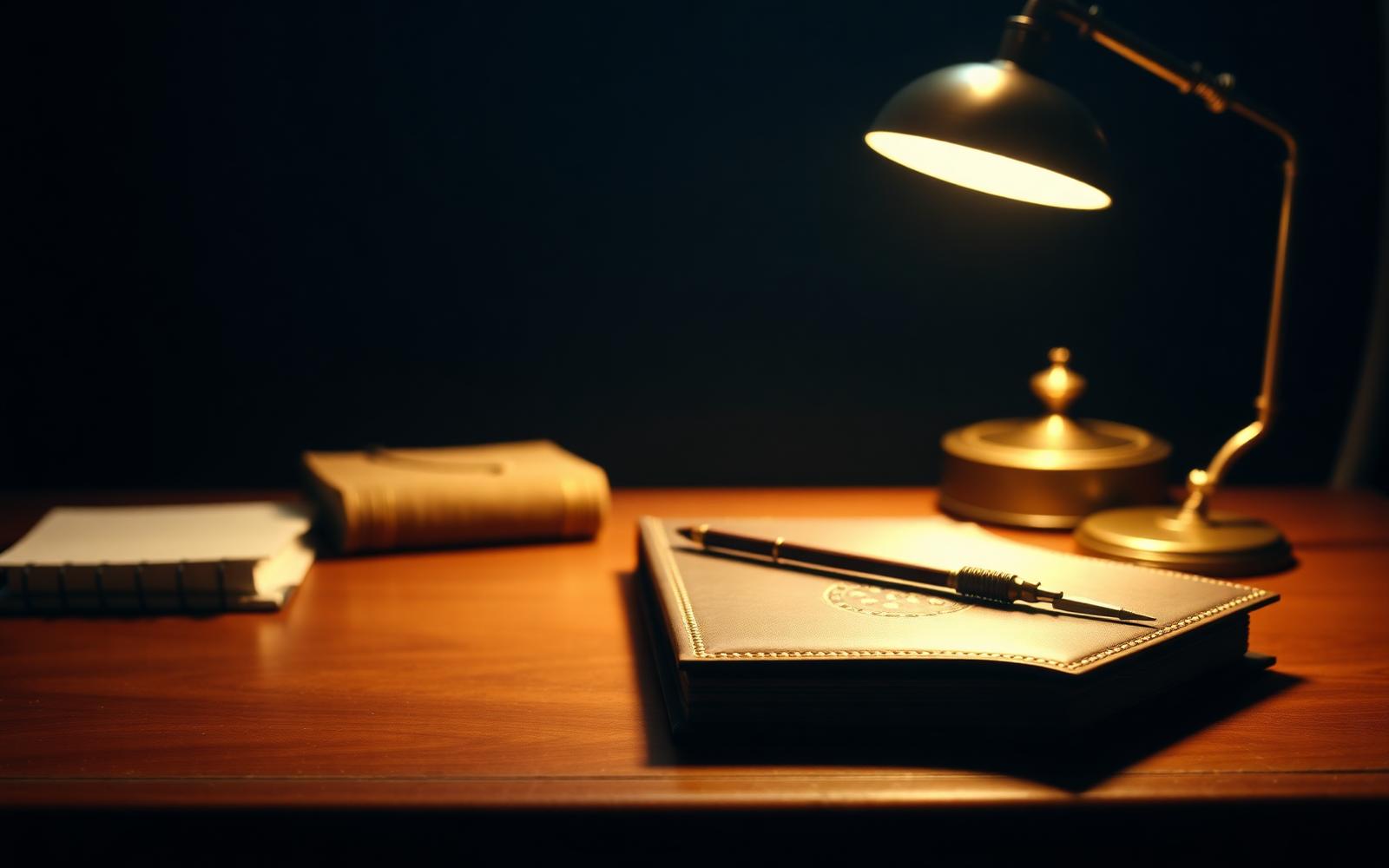 Leather-bound minute book and brass company seal under a warm desk lamp.