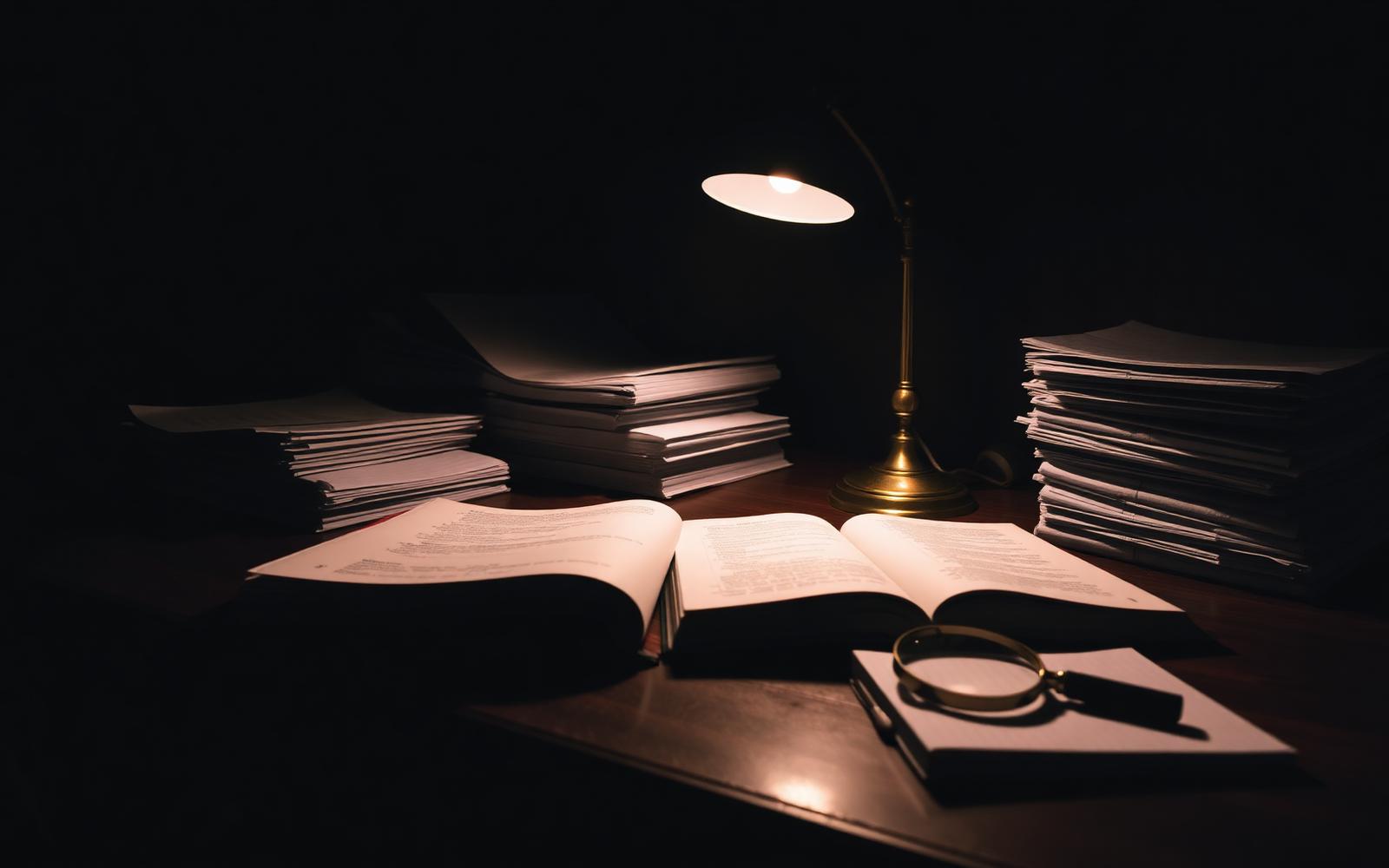 Dark wood compliance desk lit by a single brass lamp with ledgers and a magnifying glass.