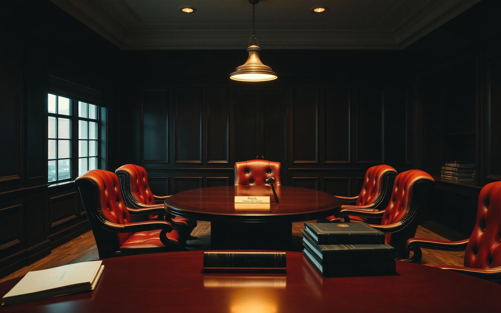 Old-world boardroom corner with oxblood leather chairs around a mahogany table and a brass pendant.