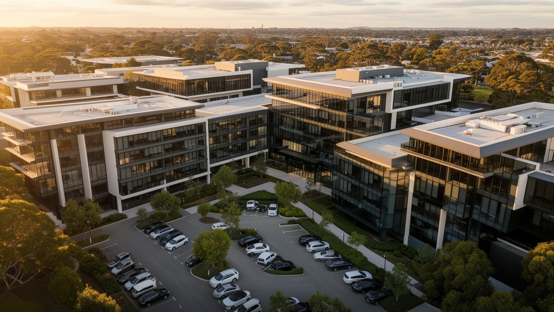 Aerial view of a modern Australian corporate campus at golden hour.