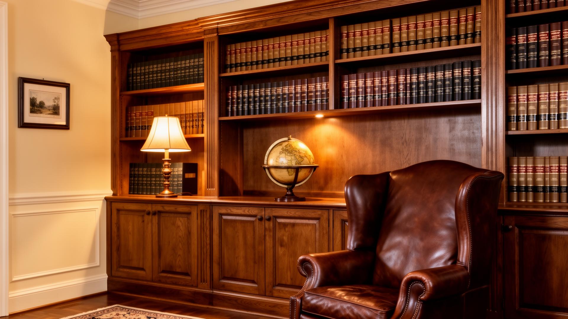 Family office library — leather wingback chair, oak shelves, antique globe.