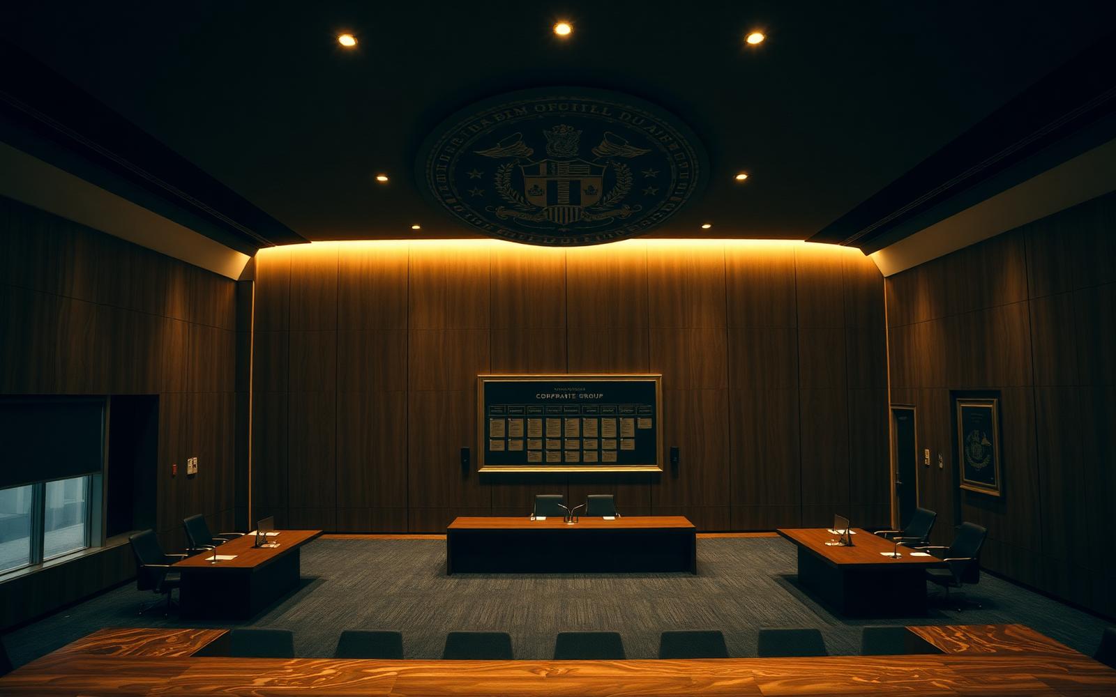 Modern Australian boardroom interior with a corporate group seal overhead and organisational chart on the back wall.