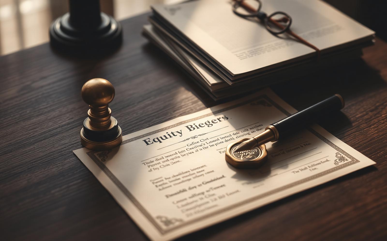 Vintage share certificate, brass seal stamp and equity ledgers on dark walnut under warm light.