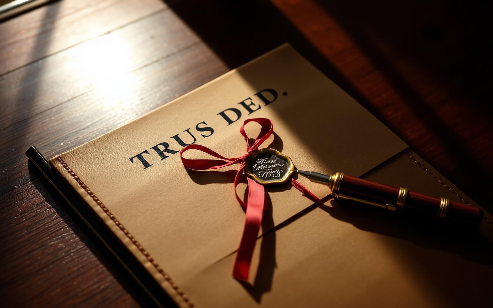 Leather-bound trust deed tied with red legal ribbon, brass wax seal and calligraphy pen on dark mahogany.